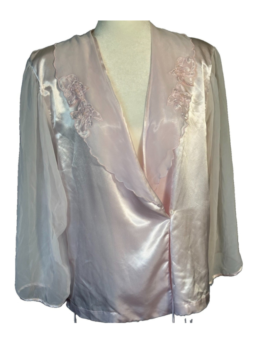 VTG Etienne Pink Satin Bed Jacket Wrap Top Pearl Beaded Sheer Sleeve Coquette XL